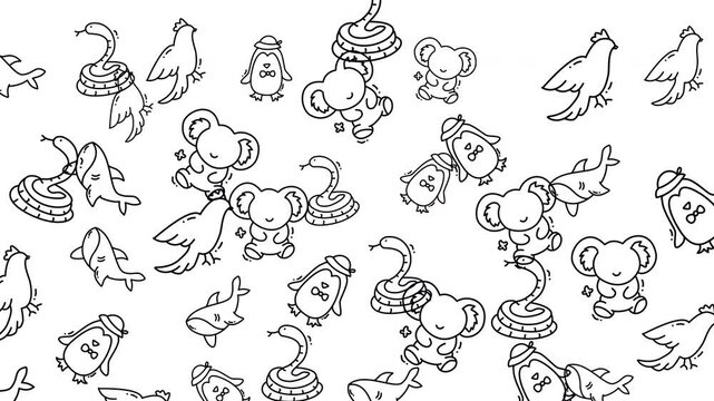 Animated Cute Doodle Animals Floating Down in a Seamless Looping Black and White Pattern