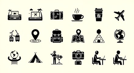 Collection of travel and work icons depicting remote work and vacation elements in black silhouette style