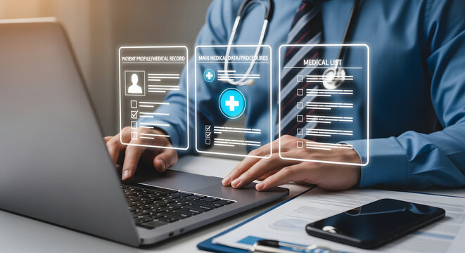 Doctor managing patient records on digital interface, advancing healthcare technology