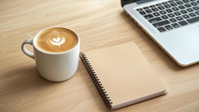 Coffee latte cappuccino foam heart cup notebook spiral pen desk laptop keyboard workspace office wood table morning warm cozy aroma caffeine