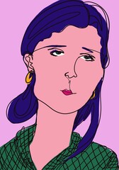 Artistic representation of a woman with purple hair in a green outfit against a pink background