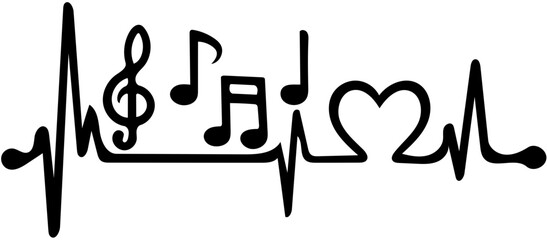 Heartbeat of Music illustration showing an EKG pulse line with a treble clef, musical notes, and a heart shape. A symbol of passion and love for sound and rhythm