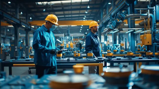 Industrial Precision: Two skilled workers in a bustling factory, meticulously examining machinery and components, embodying the essence of modern industry.