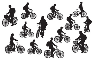 Silhouette of school students going to school by bicycle