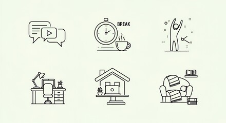 A collection of work from home icons depicting communication break exercise and relaxation elements in line art