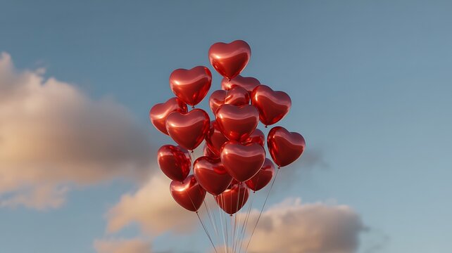 Bunch of red heart shaped balloons floating in the blue sky with white clouds