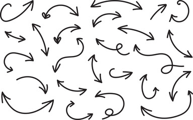 Hand Drawn Curved Doodle Arrows Set Sketch Directional Graphic Elements on White Background