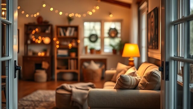 Cozy living space with warm lighting and comfortable seating, evoking a relaxed and inviting atmosphere.