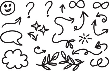 Hand Drawn Doodle Arrows Leaves Stars Clouds and Infinity Sketch Design Elements