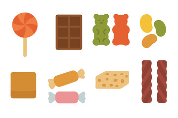 Colorful assortment of candies including lollipops, chocolate bars, and gummy bears on a plain background