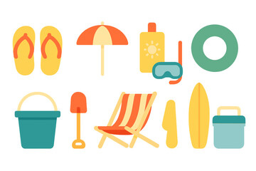 Beach essentials include flip flops, umbrella, sunscreen, snorkel, and other fun items for summer activities