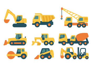 Construction vehicles working together on a project at a building site during daylight