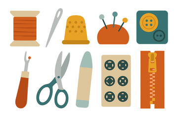 Craft supplies illustrated with sewing tools including scissors, thread, buttons, and more in a vibrant design
