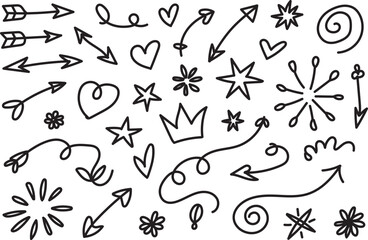 Cute Hand Drawn Doodle Arrows Hearts Stars and Crown Decorative Sketch Elements