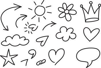 Cute Hand Drawn Doodle Arrows Hearts Sun Clouds and Crown Illustration on White Background