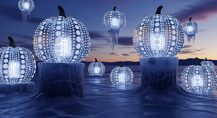 Illuminated pumpkins with white polka dots on ice in a surreal winter landscape at twilight hour