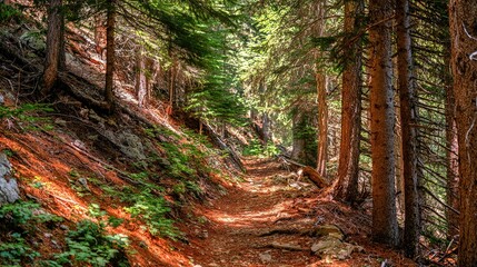 Obraz premium Forest trail with pine needles, rocky terrain, sunlit path, in a dense woodland landscape, wide angle view.