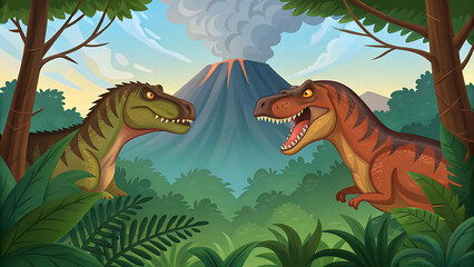 Two tyrannosaurus rex dinosaurs facing each other with a volcano erupting behind them