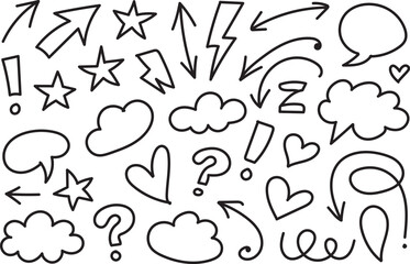 Hand Drawn Comic Doodle Arrows Hearts Clouds and Stars Sketch Elements on White Background