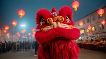 A red dragon costume stands in front of a crowd of people. The atmosphere is festive and lively, with many people gathered around the dragon