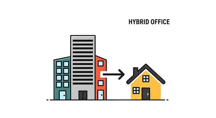 Illustration of buildings and a house connected by an arrow representing hybrid work concept idea