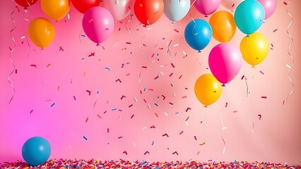 A vibrant celebration setup with floating balloons and confetti, evoking joy and festivity.