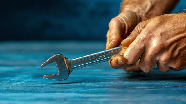 Adjustable wrench hand tool repair metal grip worker blue background maintenance mechanic workshop blue grip maintenance strong male hands holding