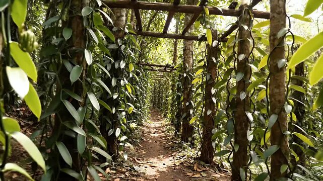 A serene dirt path winds through a lush vanilla plantation in a tropical setting, with vines creating a natural green tunnel over a wooden arbor