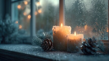 frosted window with candle and pine decorations glowing warmly,
