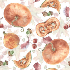 Gentle watercolor fall patterns with pumpkins, red apples and autumn botanicals. Hand painted seamless design muted tones for gift wraps, holiday background, rustic home decor. Pastel seasonal print.