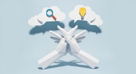Paper hands reaching up with speech bubbles containing a light bulb and a magnifying glass above them