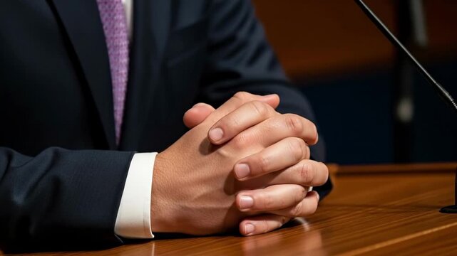 Close-up of crossed male hands in a suit, speaker, politician, businessman sitting at a table in front of a microphone during a meeting, negotiations, interview.