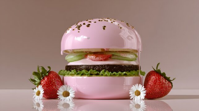 A pink hamburger with a strawberry on top and a bunch of strawberries on the table. The hamburger is surrounded by flowers and a green leaf
