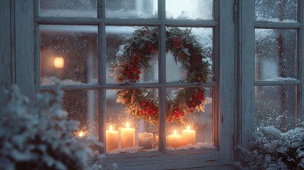 Frosted window with Christmas wreath and glowing candles inside,
