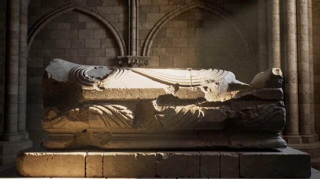 Ancient stone sarcophagus illuminated by soft sunlight inside a historic cathedral, showcasing intricate carvings and weathered details.