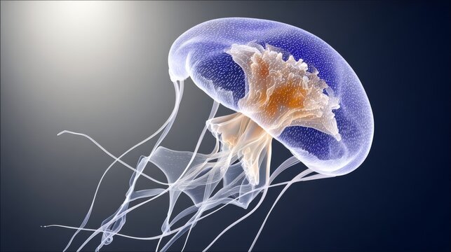 A jellyfish is floating in the water. The jellyfish is blue and orange. The jellyfish is surrounded by a blue background