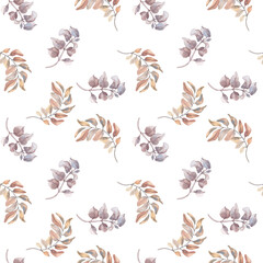 Botanical watercolor seamless pattern with autumn leaves and branches in neutral palette isolated. Hand painted repeat background for fall wedding decor, November festival branding. Foliate print.