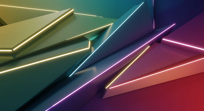 Abstract geometric background with colorful neon light lines shapes