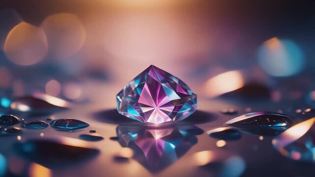 Glowing Diamond in Water, Gemstone, Reflective Surface, Blue and Pink