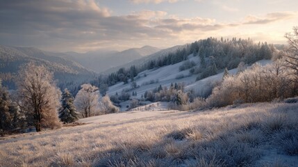 frosty Christmas morning landscape with sunrise over snowy hills,