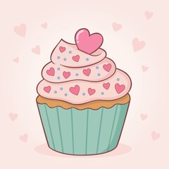 Cute pink cupcake with hearts and swirled frosting