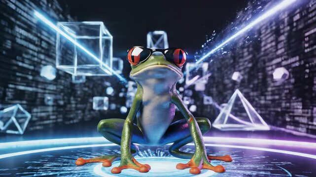Cybernetic amphibian grooves A cool red-eyed tree frog wearing stylish sunglasses poses for an epic dance performance in a vibrant, futuristic digital landscape of glowing geometric shapes