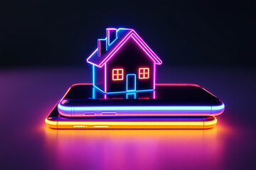 Neon House on Smartphone: Digital Real Estate, Modern Tech, Property App, Online Home Search, Futuristic Housing, Bright Neon Glow