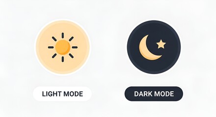 A comparison of light and dark mode icons featuring a sun and moon with star on a white background
