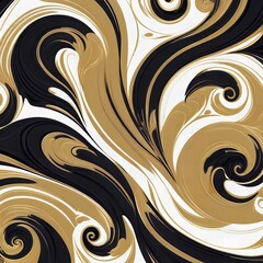 Abstract swirling pattern with black gold and white fluid lines creating elegant curves and shapes