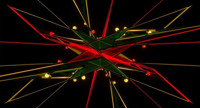 Abstract geometric shape with red, green, and yellow lines on black