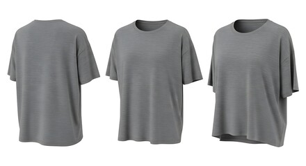 Naklejka premium Three views of a plain grey tshirt, front, back, and side, isolated on white background