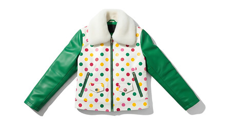 A jacket with green sleeves and a white body covered in colorful polka dots with a fluffy white collar