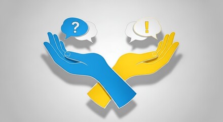 A pair of hands crossed with speech bubbles showing a question mark and an exclamation point on a gray background