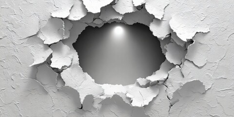 White textured wall with a large, dramatic hole revealing a bright light source illuminating the empty space within